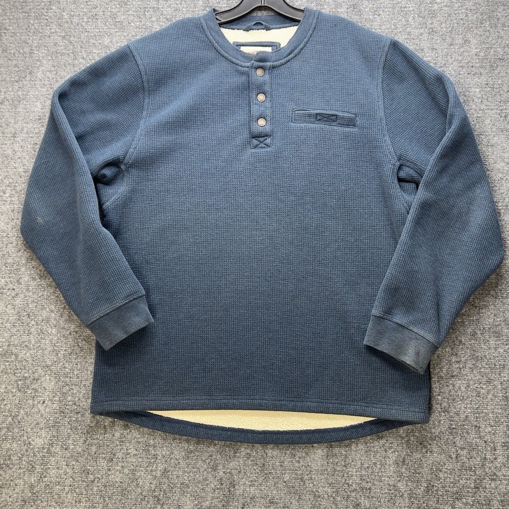 LL Bean Pullover Mens Large Blue Katahdin Iron Works Bonded Waffle Fleece Henley